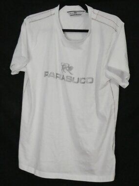 Vintage PARASUCO White Graphic Logo Tee Short Sleeve Shirt - Size Large